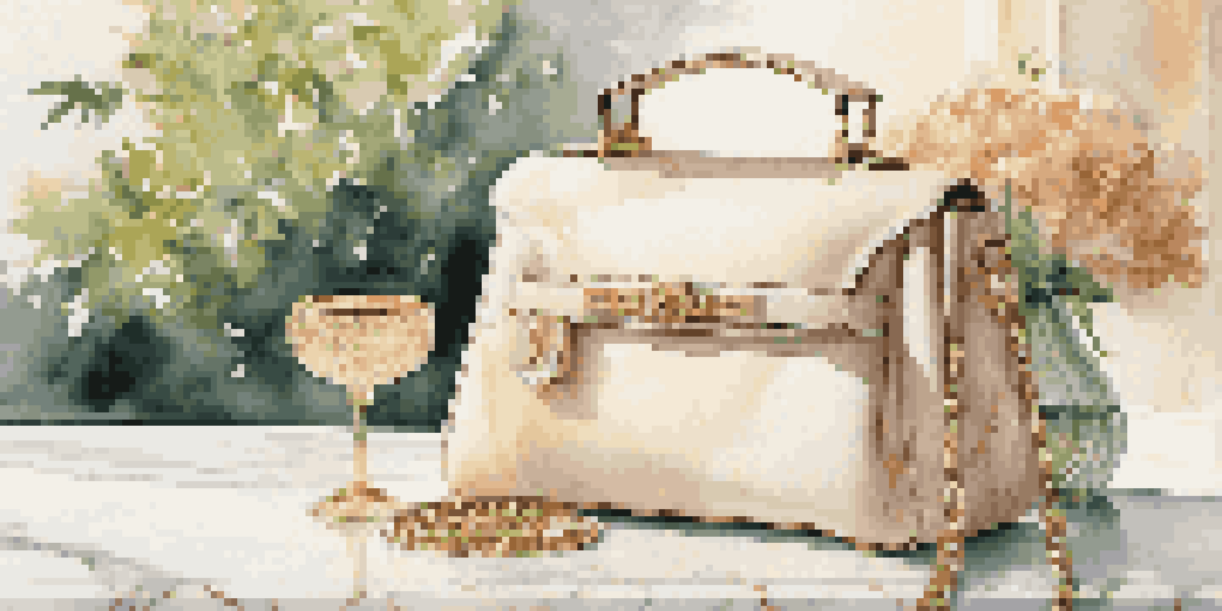 A luxurious handbag on a marble table surrounded by flowers and greenery, with golden sunlight filtering through.