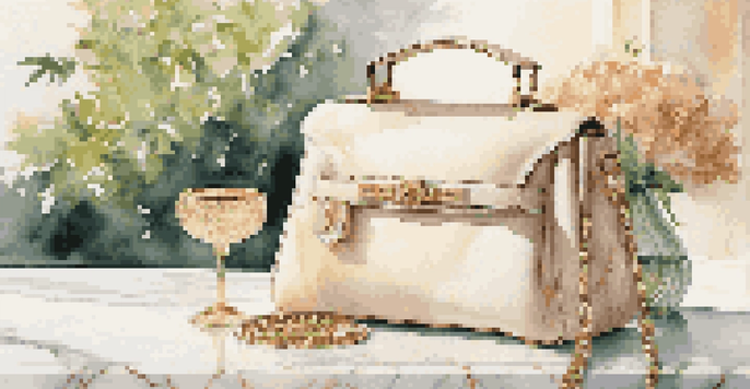 A luxurious handbag on a marble table surrounded by flowers and greenery, with golden sunlight filtering through.
