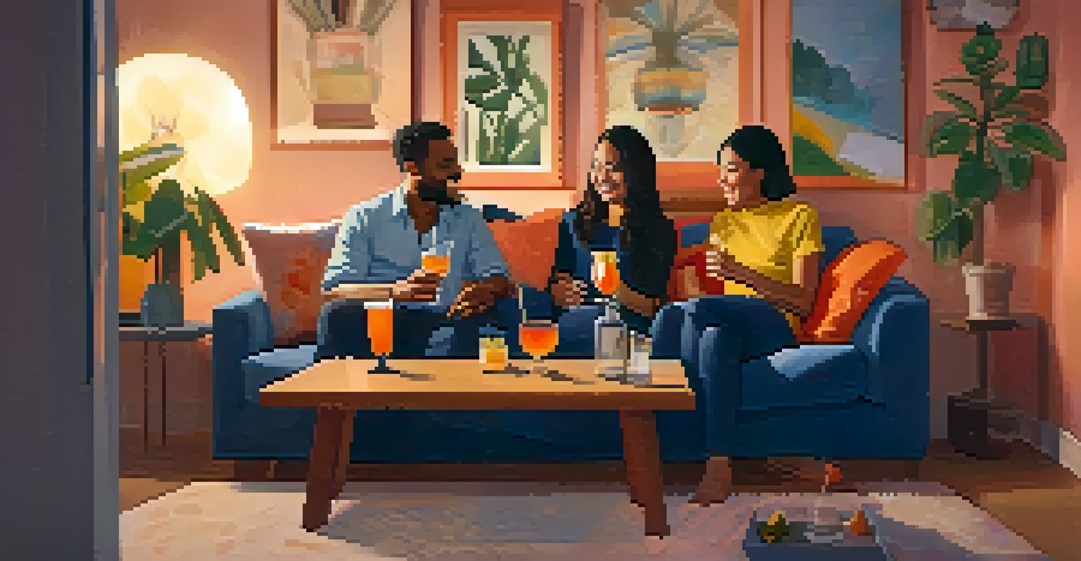 Two friends enjoying drinks in a cozy living room, one with a cocktail and the other with a non-alcoholic drink, in a warm and inviting atmosphere.
