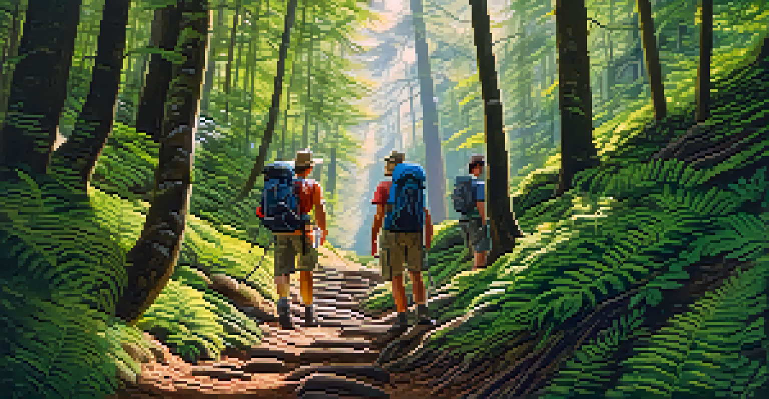 A group of hikers on a mountain trail guided by an expert, surrounded by lush greenery and sunlight.