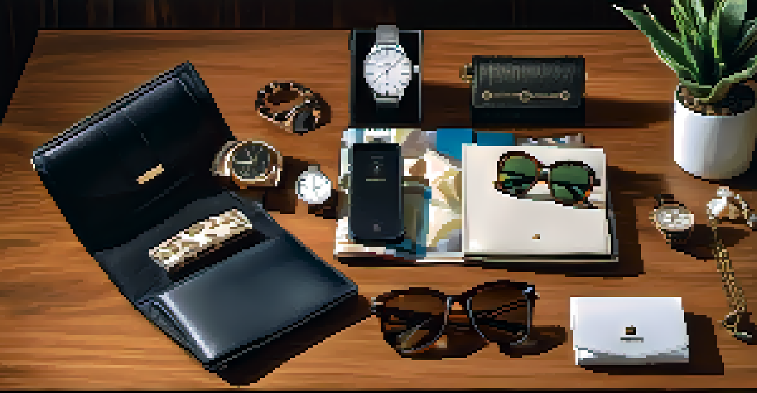 A display of high-end fashion accessories including a designer watch and sunglasses on a wooden table, illuminated by warm ambient lighting.