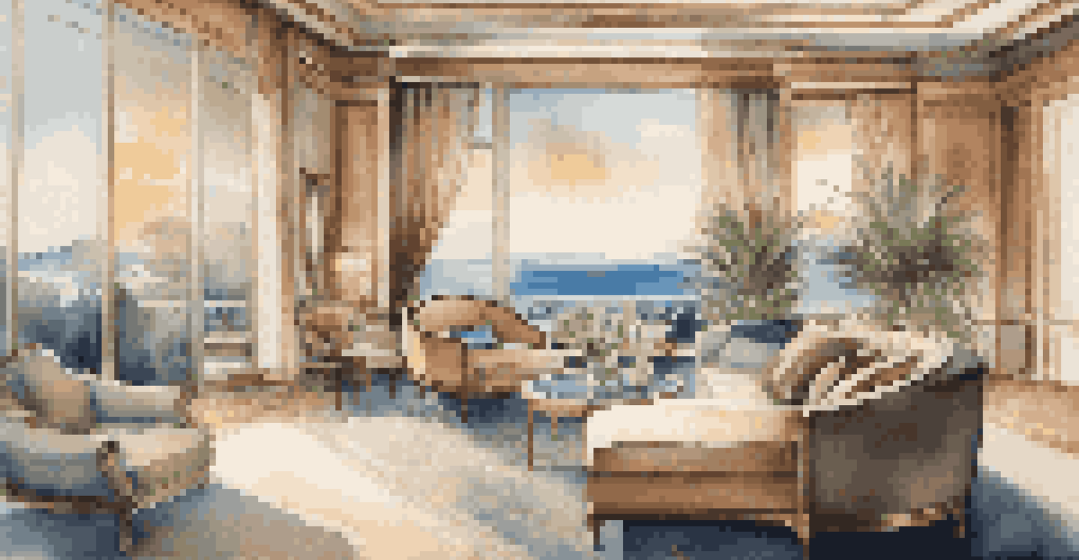 A luxurious hotel suite viewed through virtual reality, featuring plush furnishings and a breathtaking view from large windows.