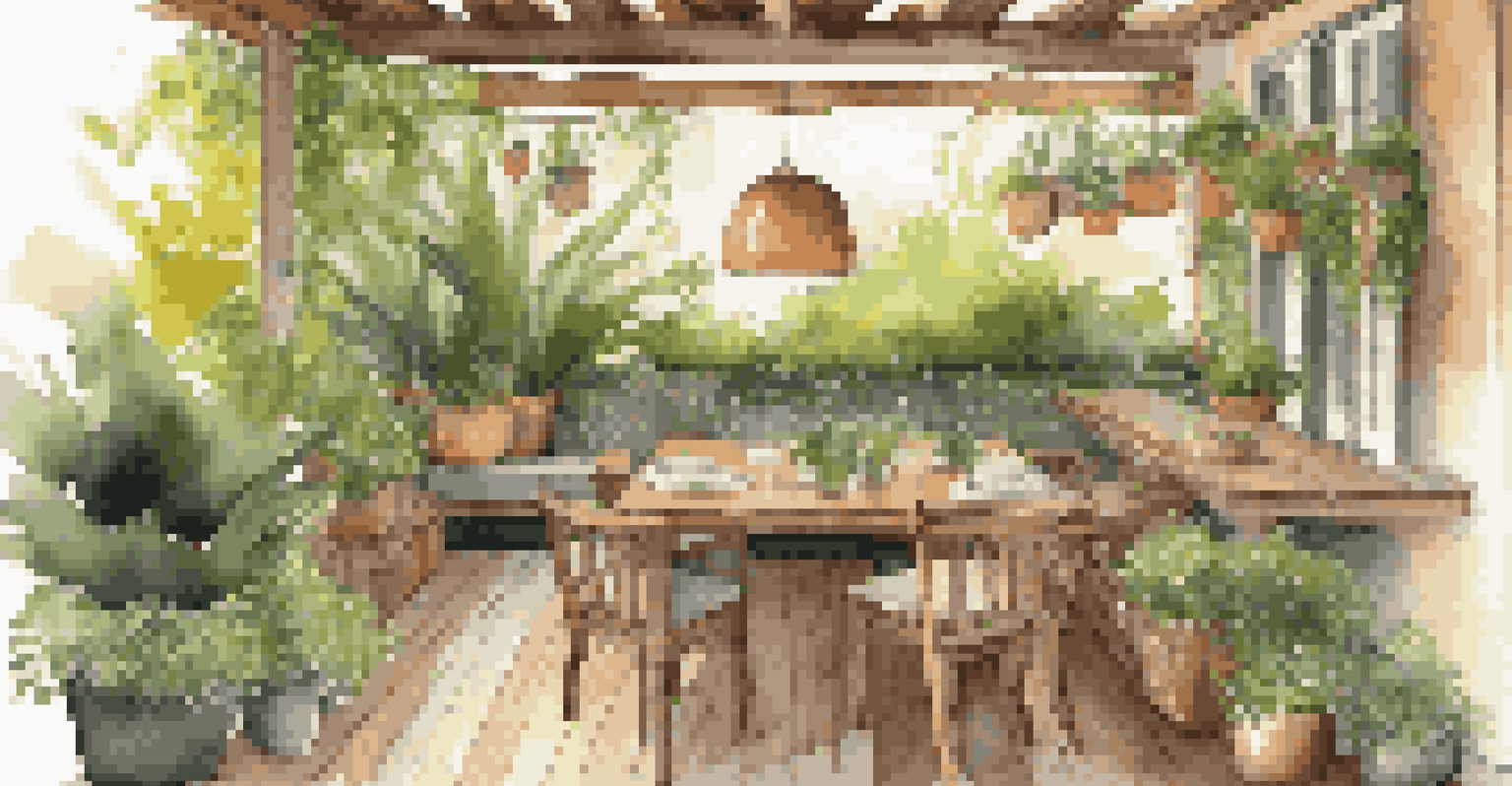 An inviting outdoor living space with comfortable seating and vertical gardens, illuminated by warm evening light.