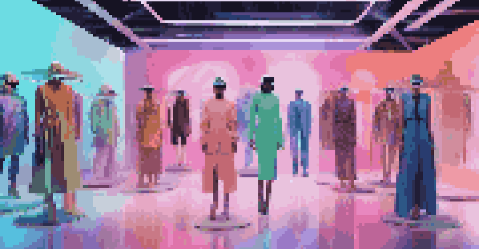 A virtual reality environment showcasing a digital fashion collection with holographic displays and colorful lighting.