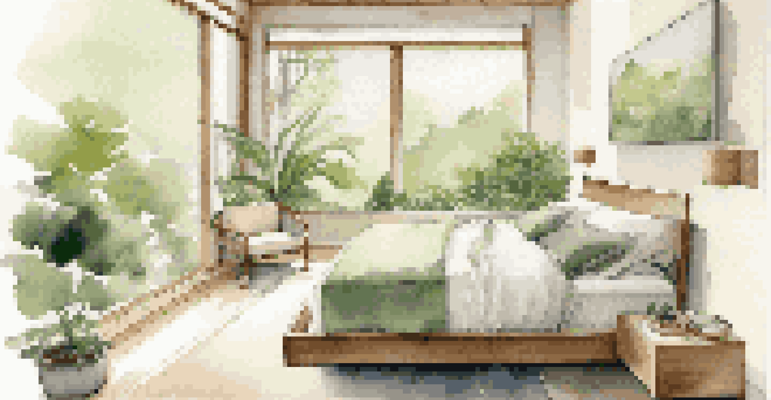 A calm bedroom featuring soft colors, natural materials, and a view of greenery, designed with Feng Shui principles.