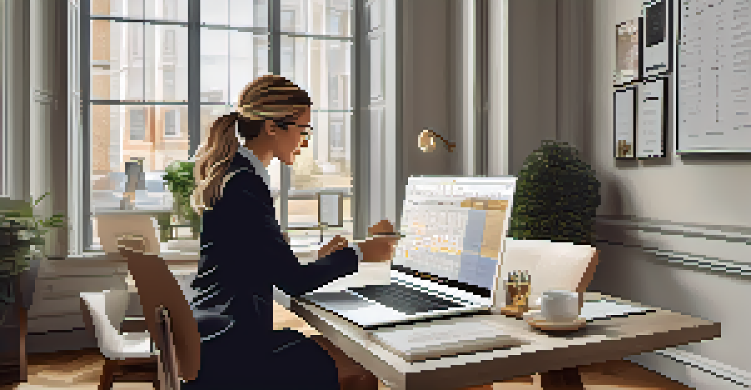 An event planner in a stylish office reviewing an event timeline on a laptop with elegant decor in the background.