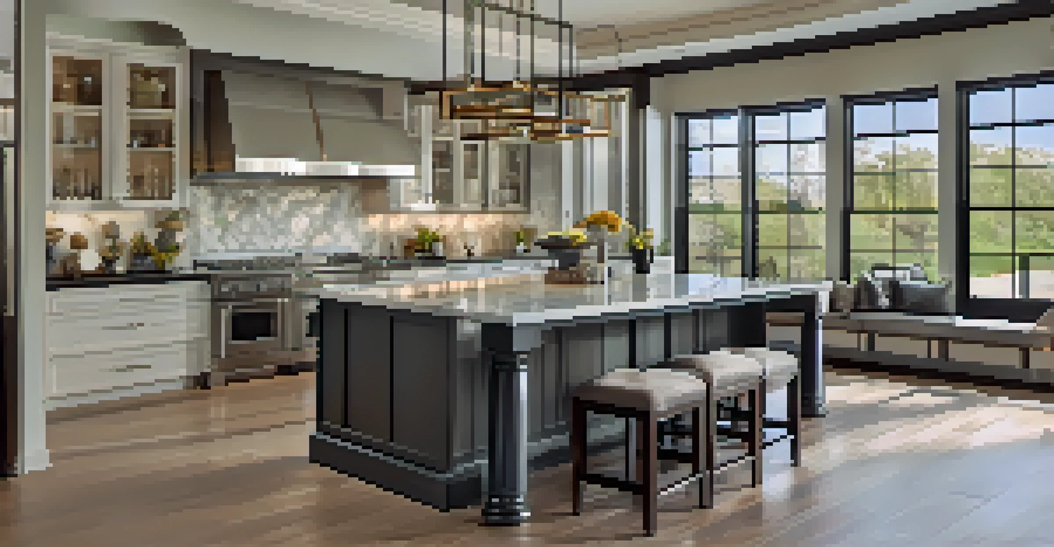 A luxurious kitchen with modern appliances, a spacious island, and stylish decor, illuminated by natural light from large windows.