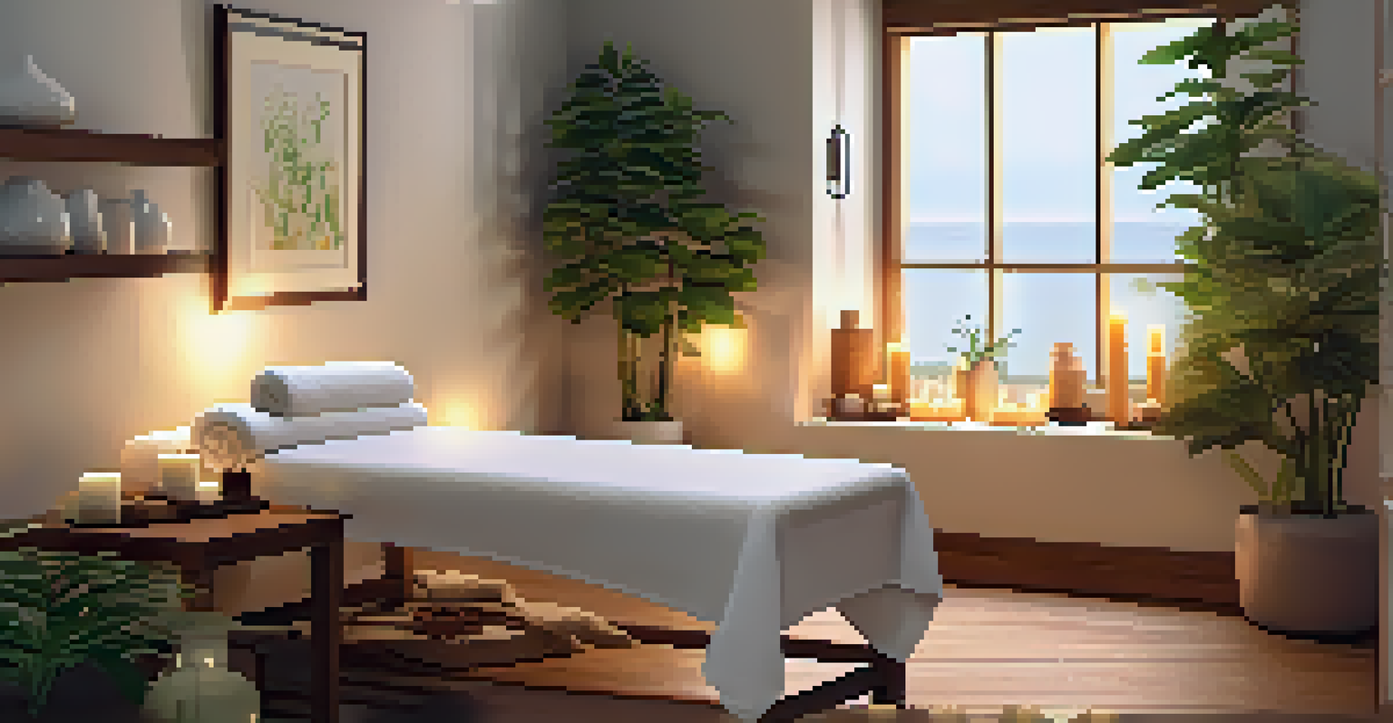 A peaceful spa room with a massage table, plants, and soft lighting, creating a relaxing environment.