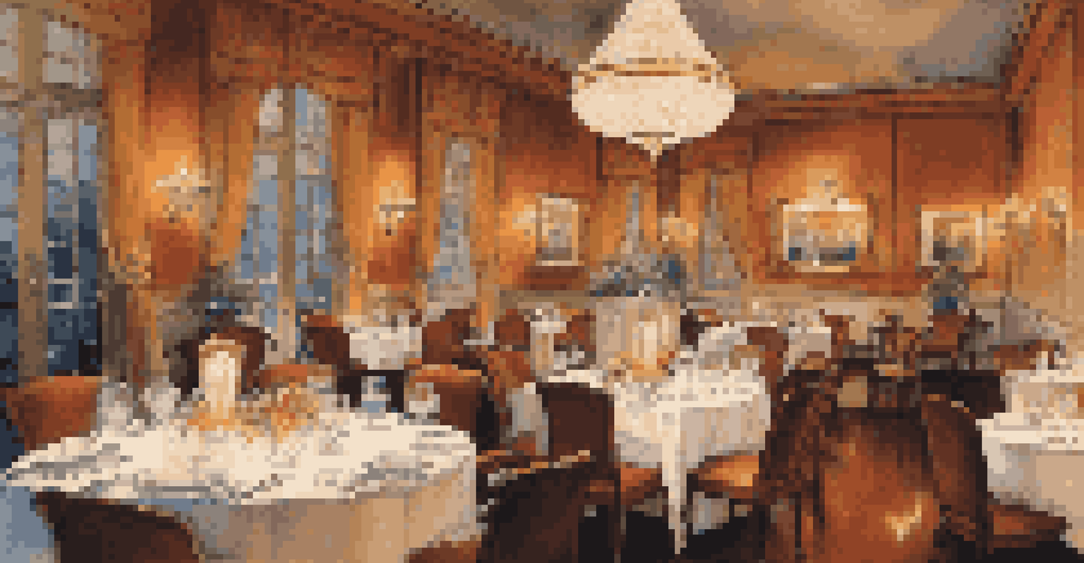 A luxurious dining scene in a fine restaurant with elegantly set tables, gourmet dishes, and soft candlelight.