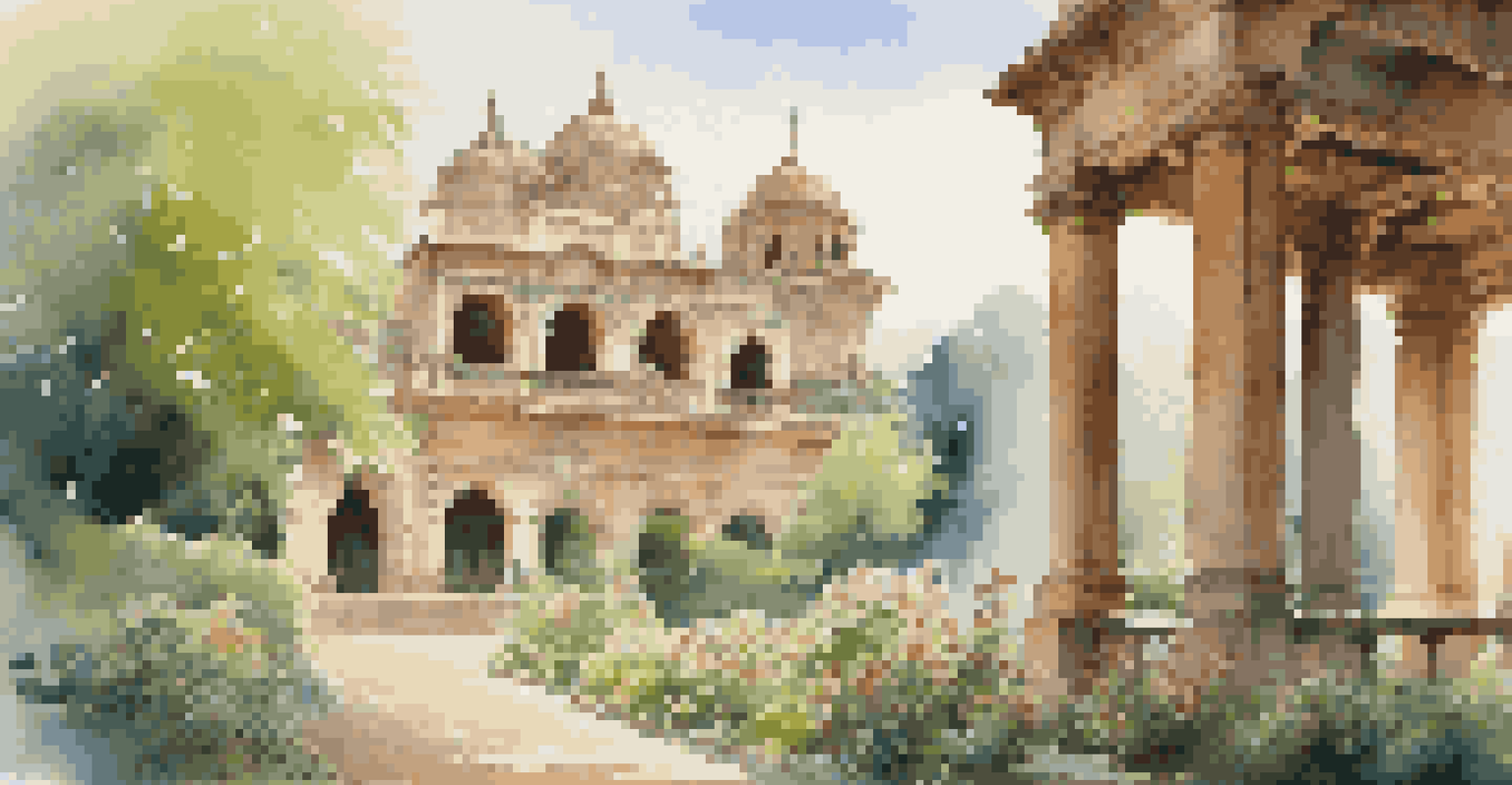 A traveler admiring a historical site surrounded by greenery and flowers in soft morning light, with intricate architecture in view.
