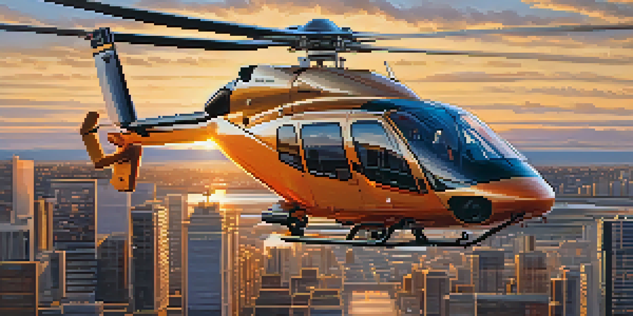 A helicopter flying over a city skyline at sunset, showcasing traffic and city lights below.
