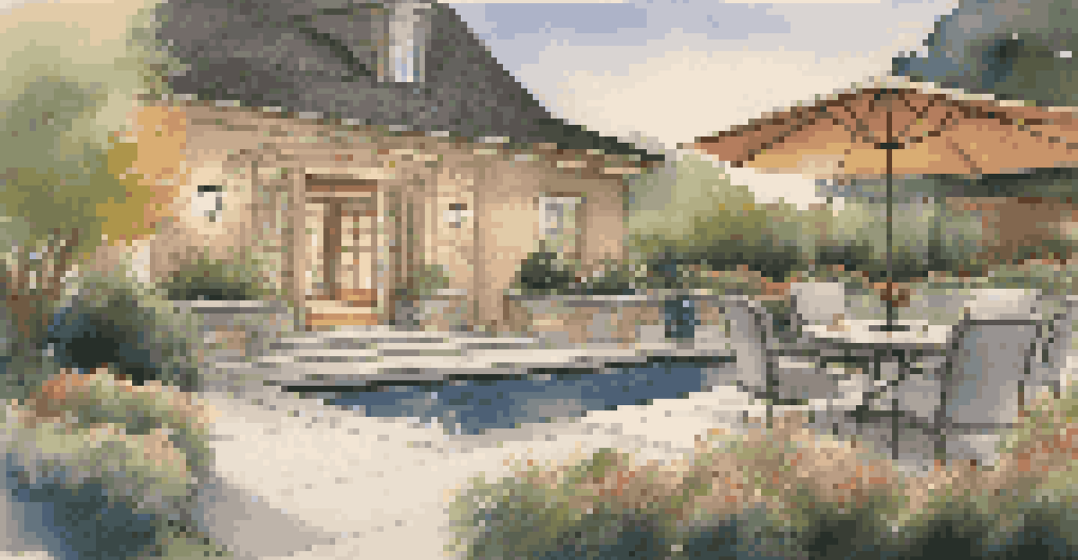 A serene outdoor garden with blooming flowers, a water feature, and lounge furniture, softly lit for an inviting atmosphere.