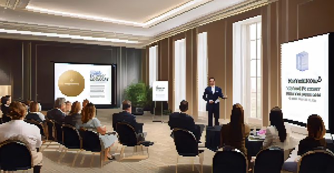 A workshop on personal branding in a luxury setting with an elegant speaker and an engaged audience, featuring high-quality materials and modern decor.