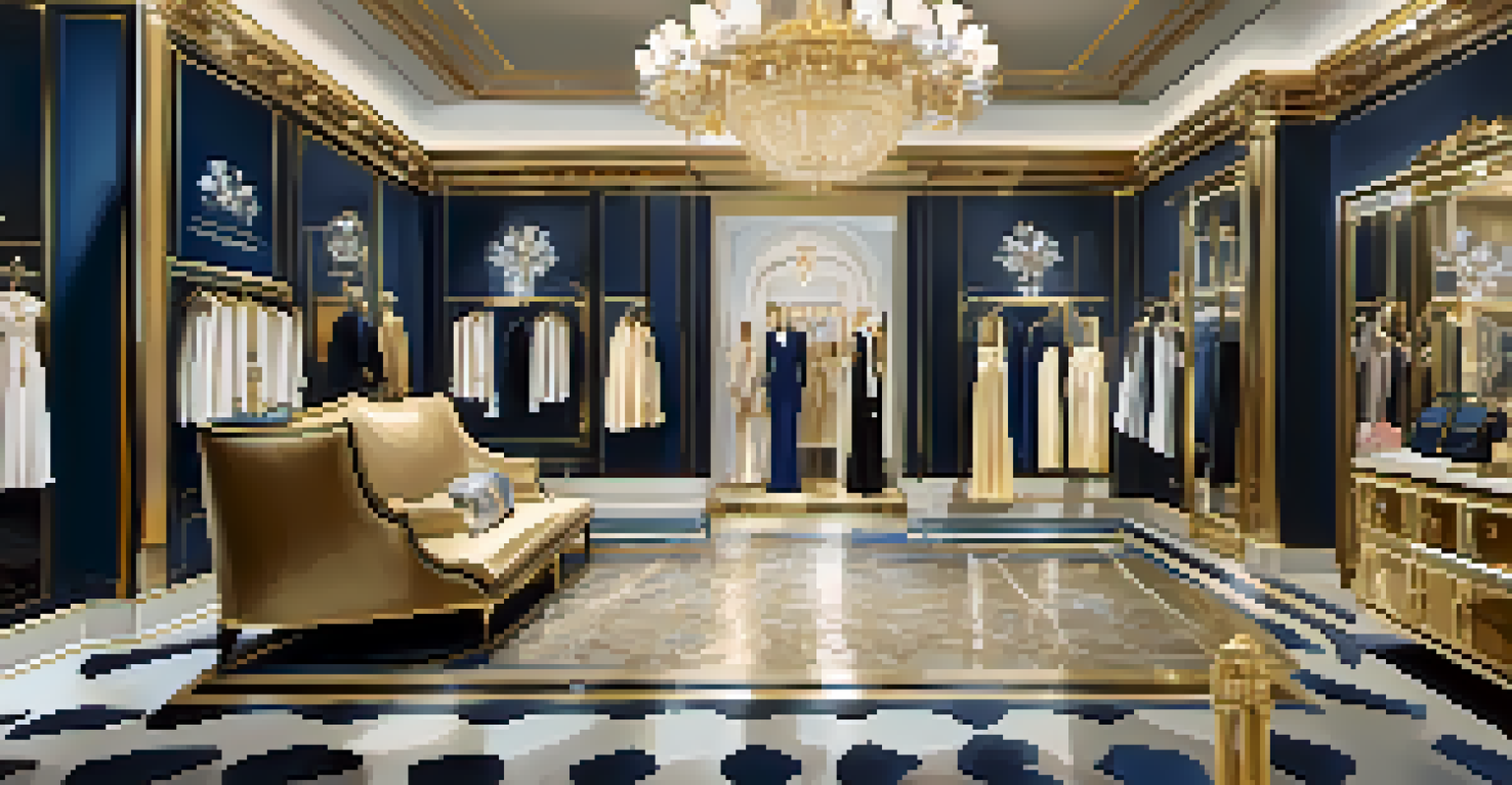 An elegant boutique interior showcasing designer clothing and accessories in a luxurious setting.
