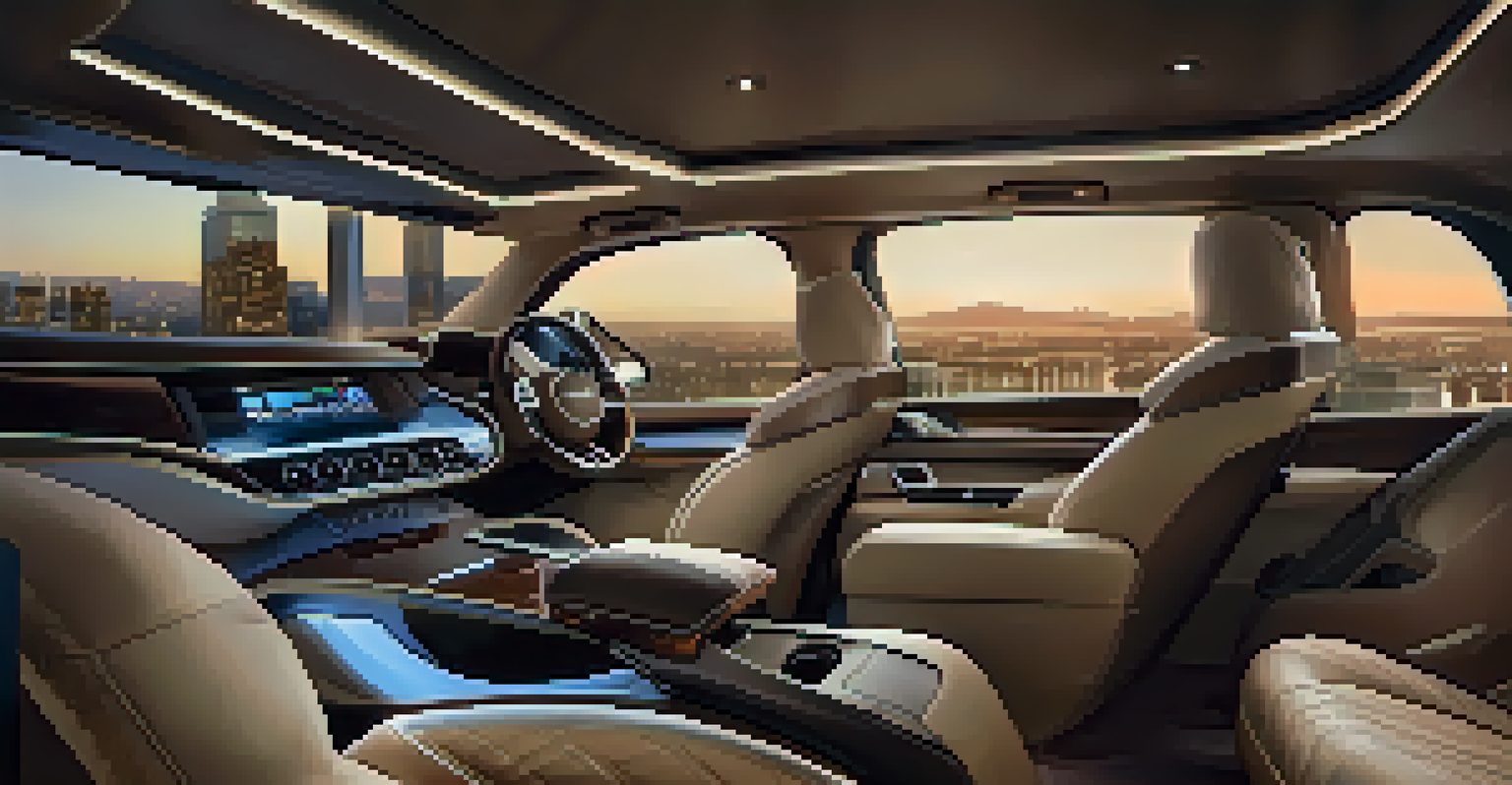 The interior of a luxurious SUV featuring leather seats, refreshments, and a view of the city through tinted windows.
