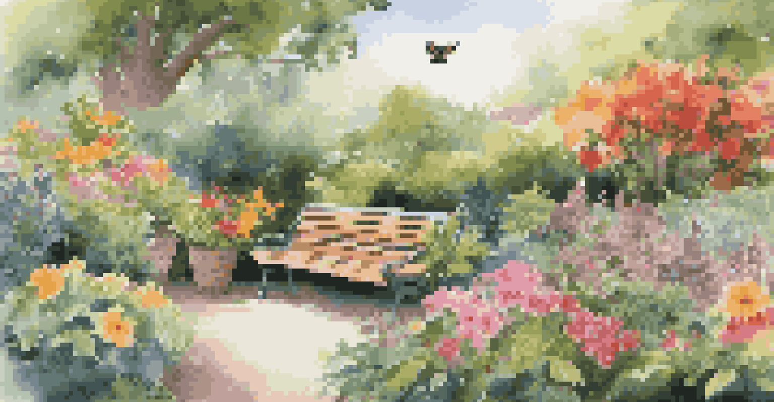 A beautiful botanical garden filled with colorful flowers and lush plants, featuring a wooden bench and butterflies fluttering around.