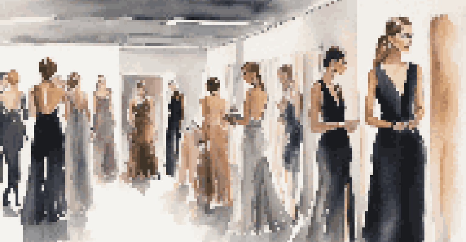 Backstage view of a fashion show with designers and models preparing, surrounded by fabrics and makeup tools.