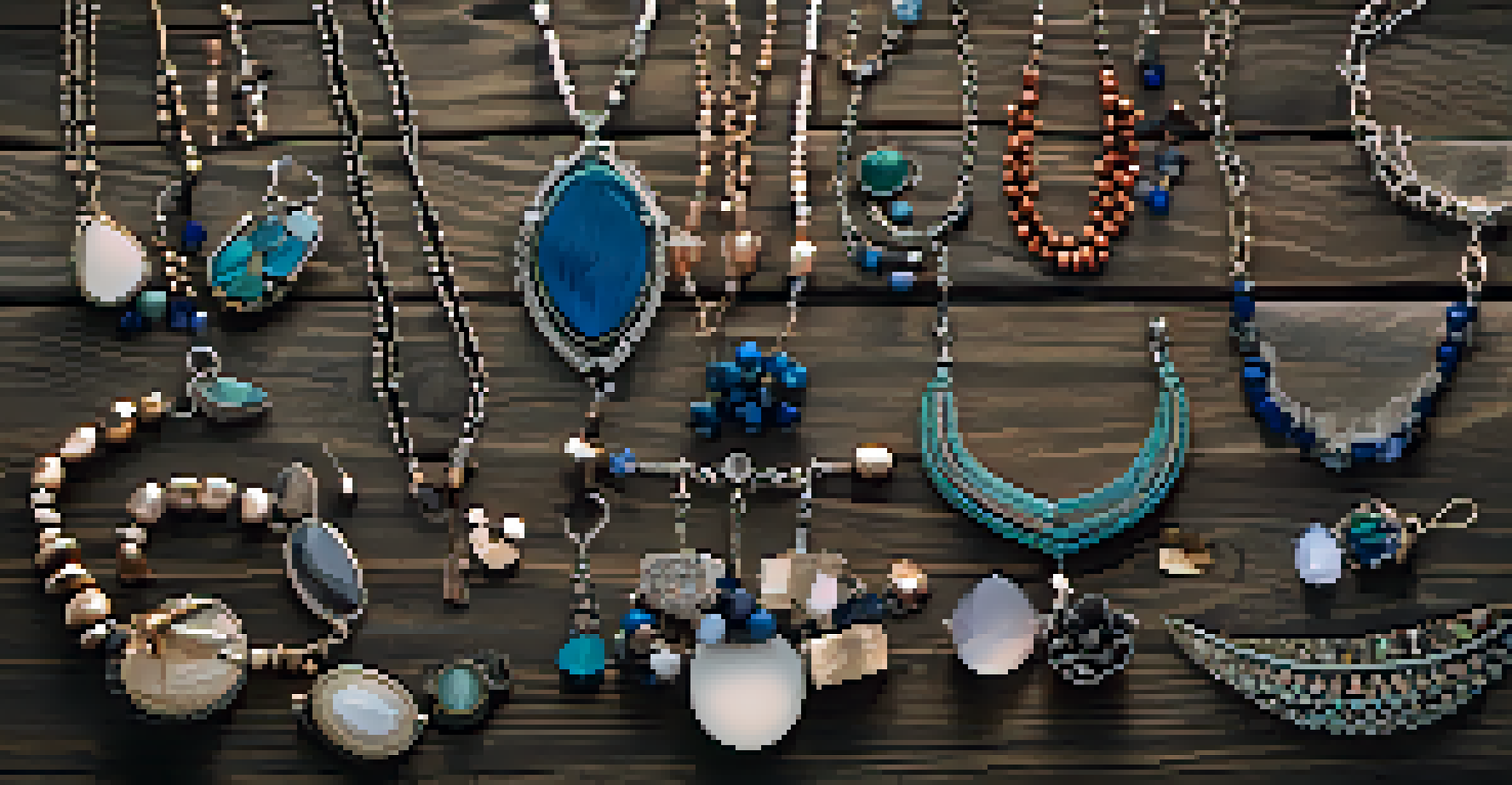 A flat lay of various statement necklaces on a wooden table, showcasing different materials and colors.