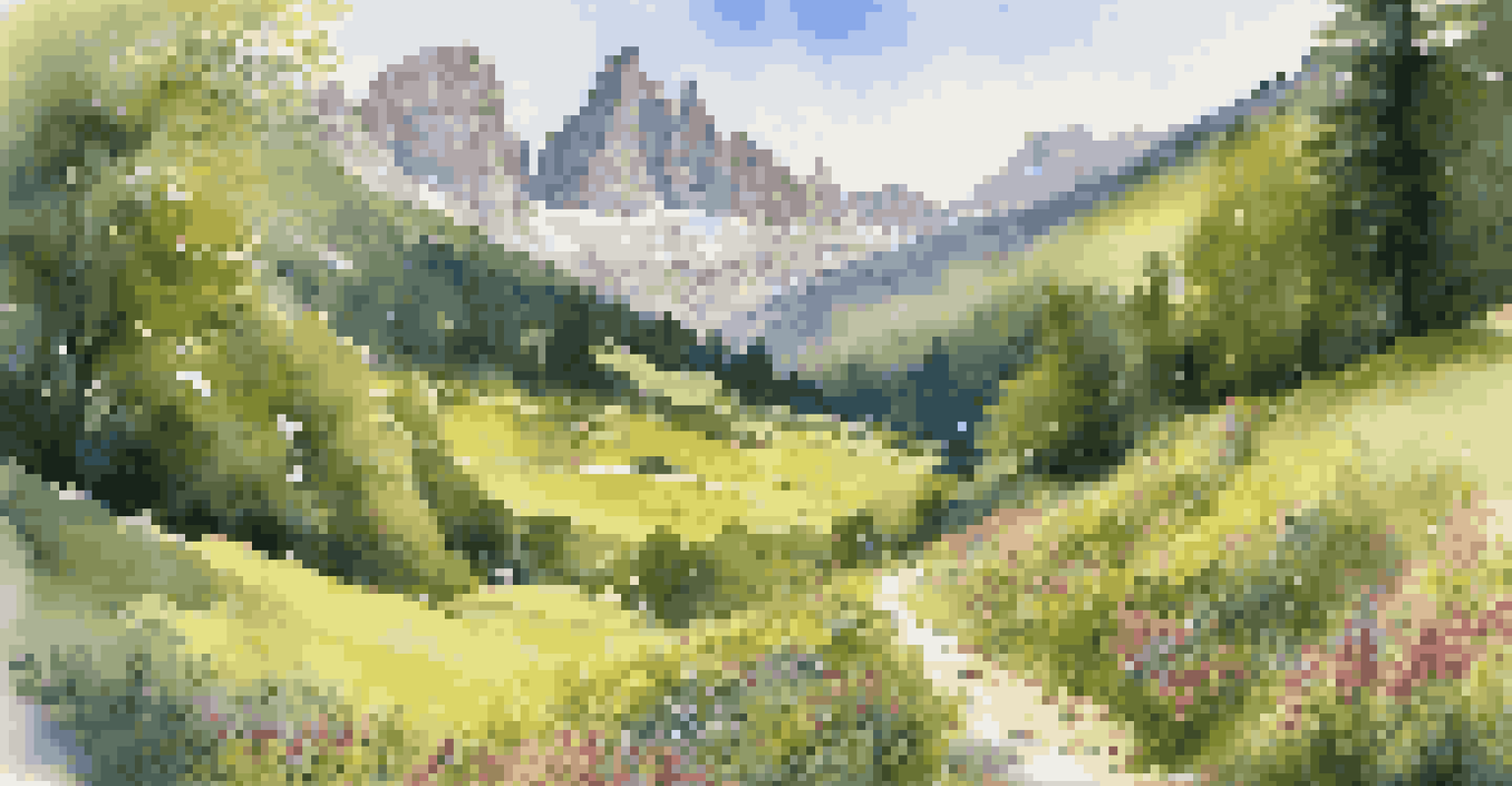 A scenic hiking trail in the Alps with lush greenery, wildflowers, and hikers enjoying the natural beauty.