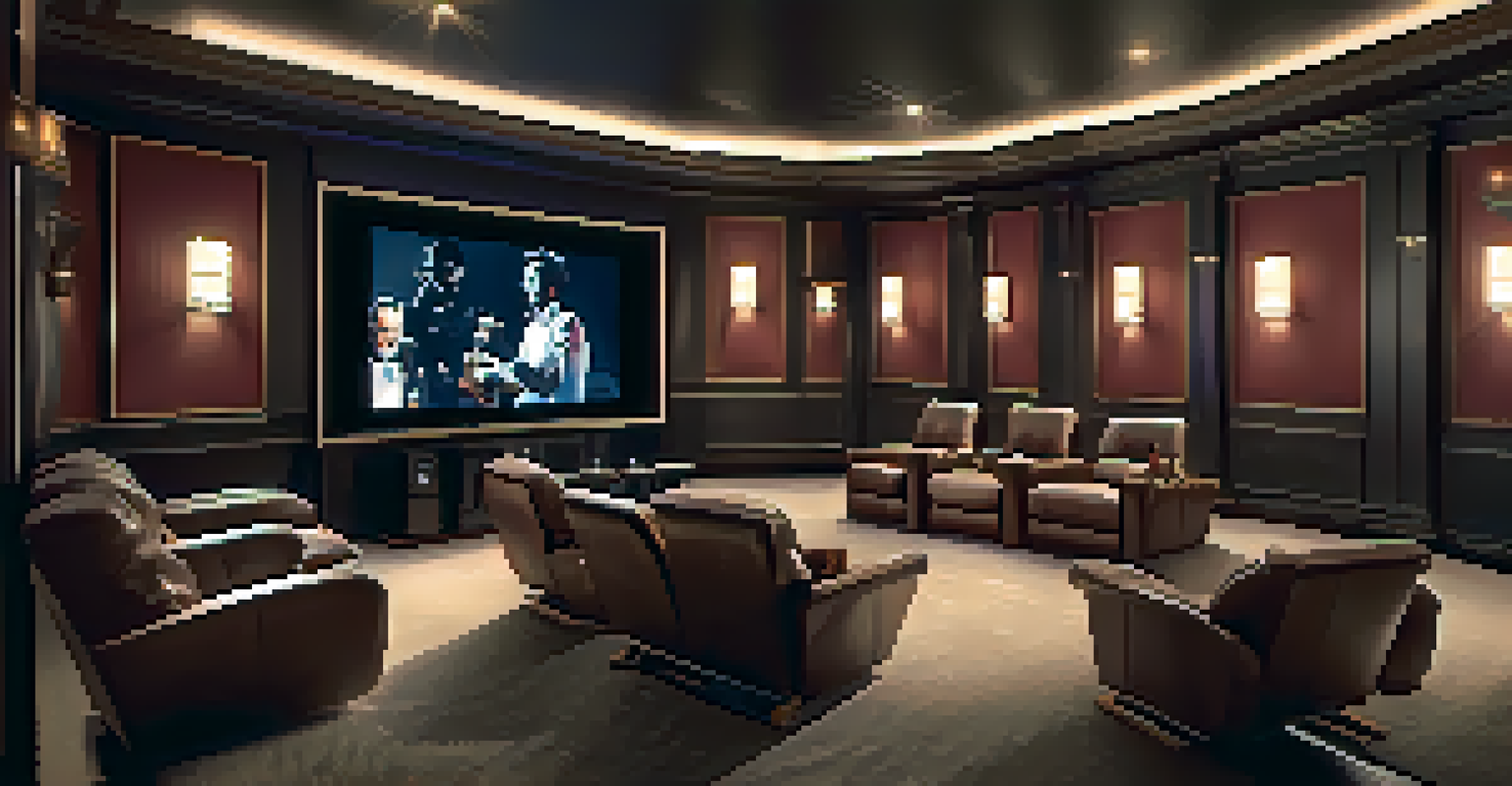 An elegant home cinema with a projector screen, reclining chairs, and ambient lighting.