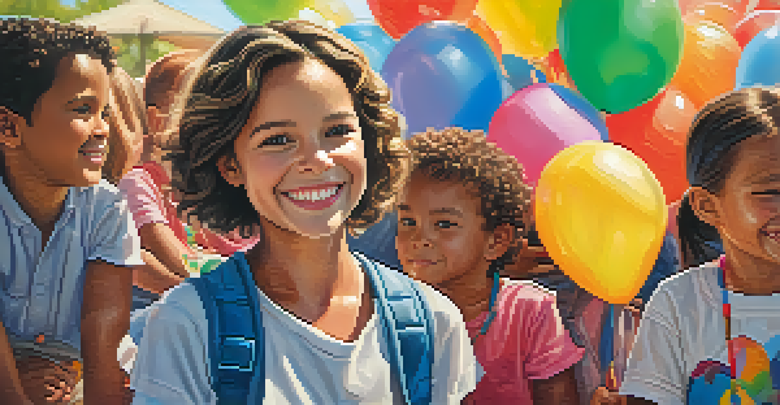A celebrity smiling with children at a charity event, surrounded by colorful signs in a bright outdoor setting.