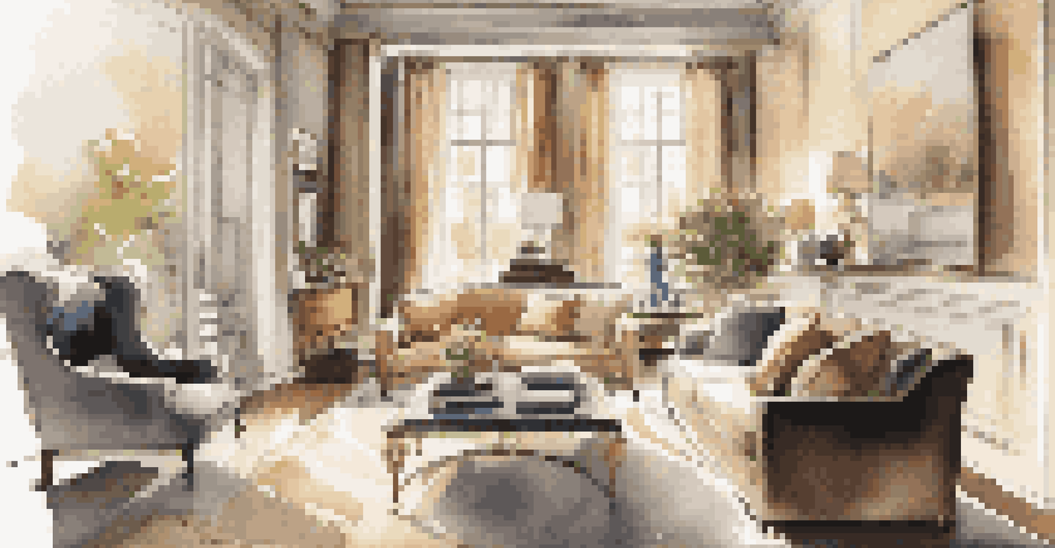 A luxurious living room with a velvet sofa and marble coffee table, illuminated by natural light and decorated with elegant artwork.