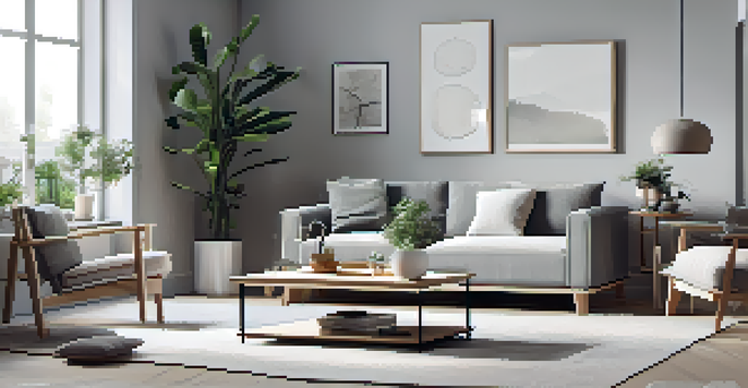 A minimalist Scandinavian living room with a modern sofa and natural wood accents, bathed in soft daylight from a large window.