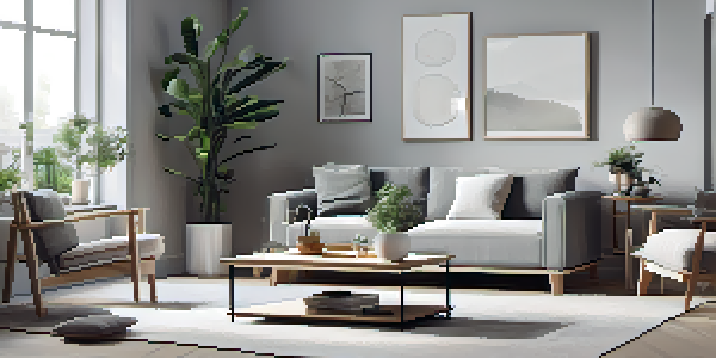 A minimalist Scandinavian living room with a modern sofa and natural wood accents, bathed in soft daylight from a large window.