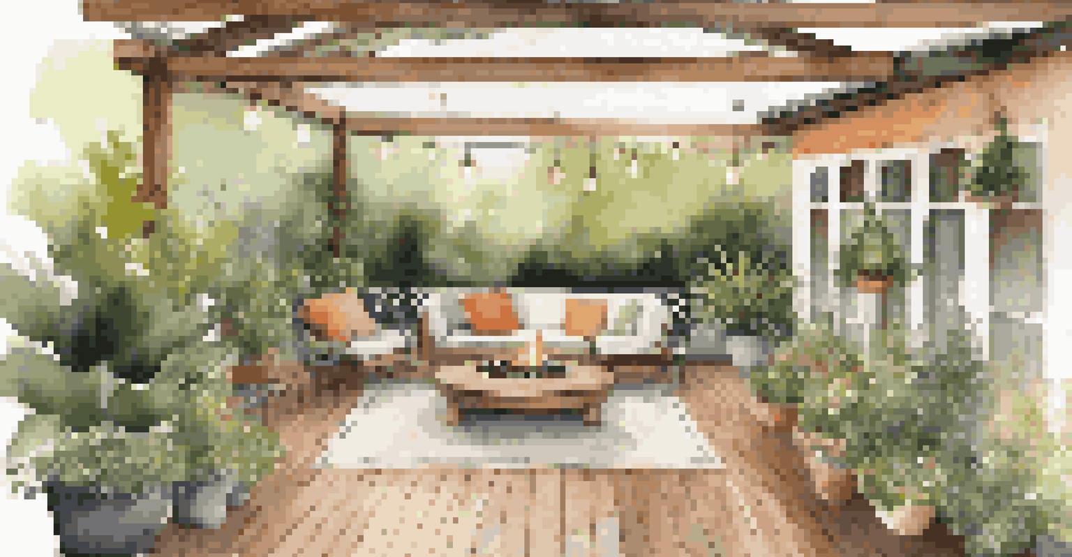 An outdoor terrace with comfortable seating and lush plants, blending with an indoor living area.