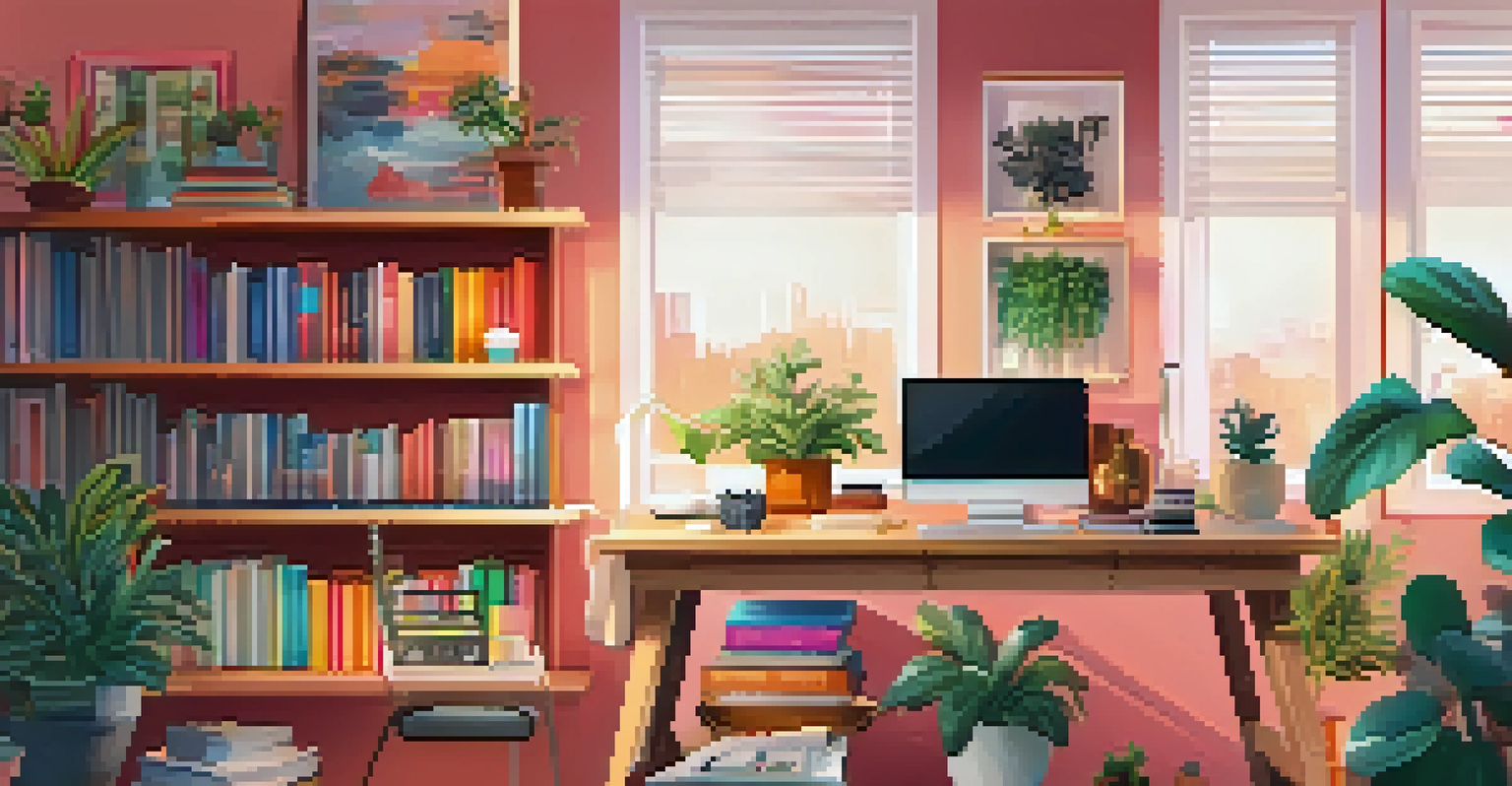 An influencer's stylish workspace with a laptop and camera, surrounded by colorful books and plants, illuminated by warm lighting.