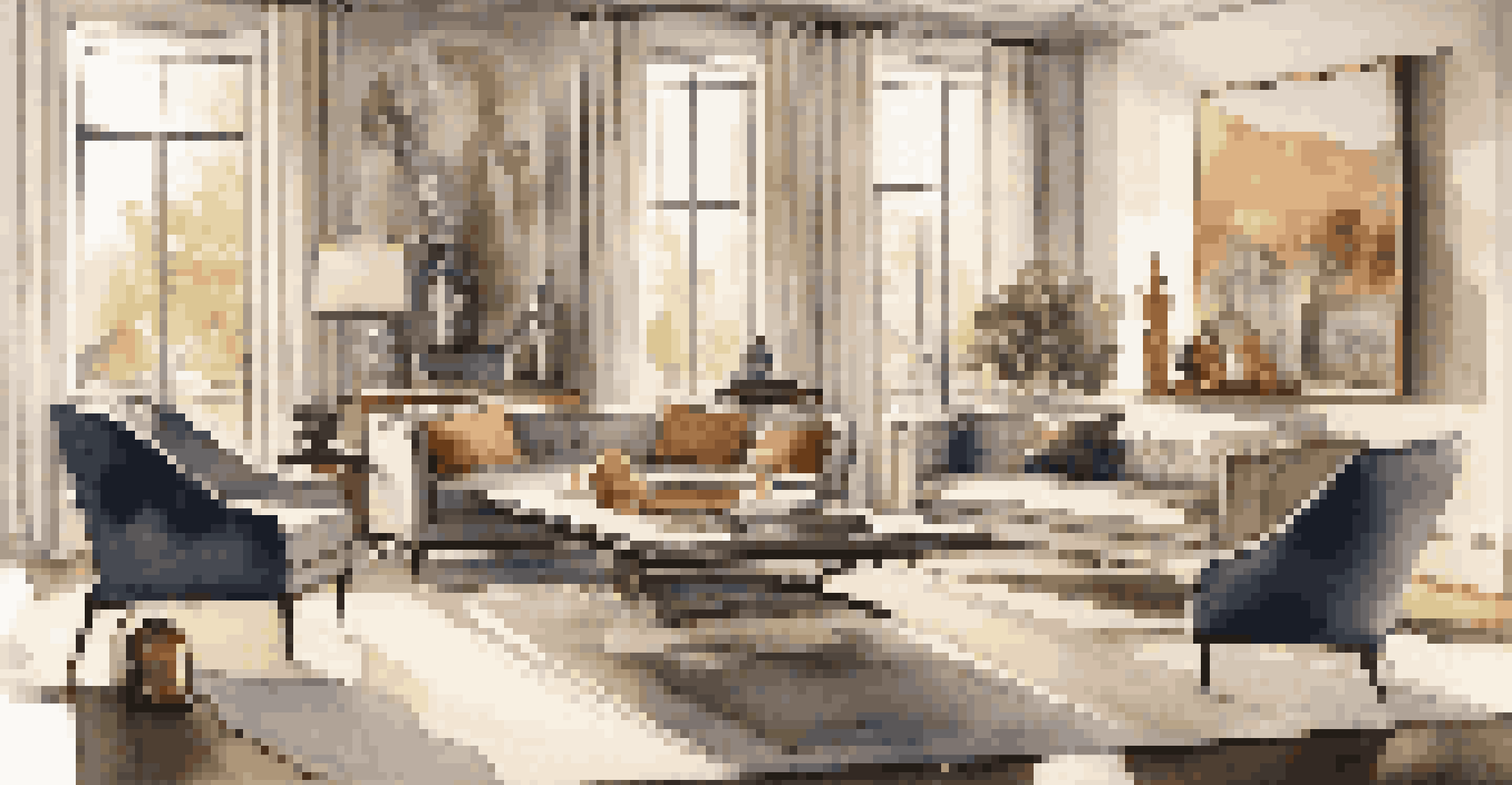 A stylish living room featuring a modern painting, a vintage sculpture, and a cozy sofa, bathed in natural light.