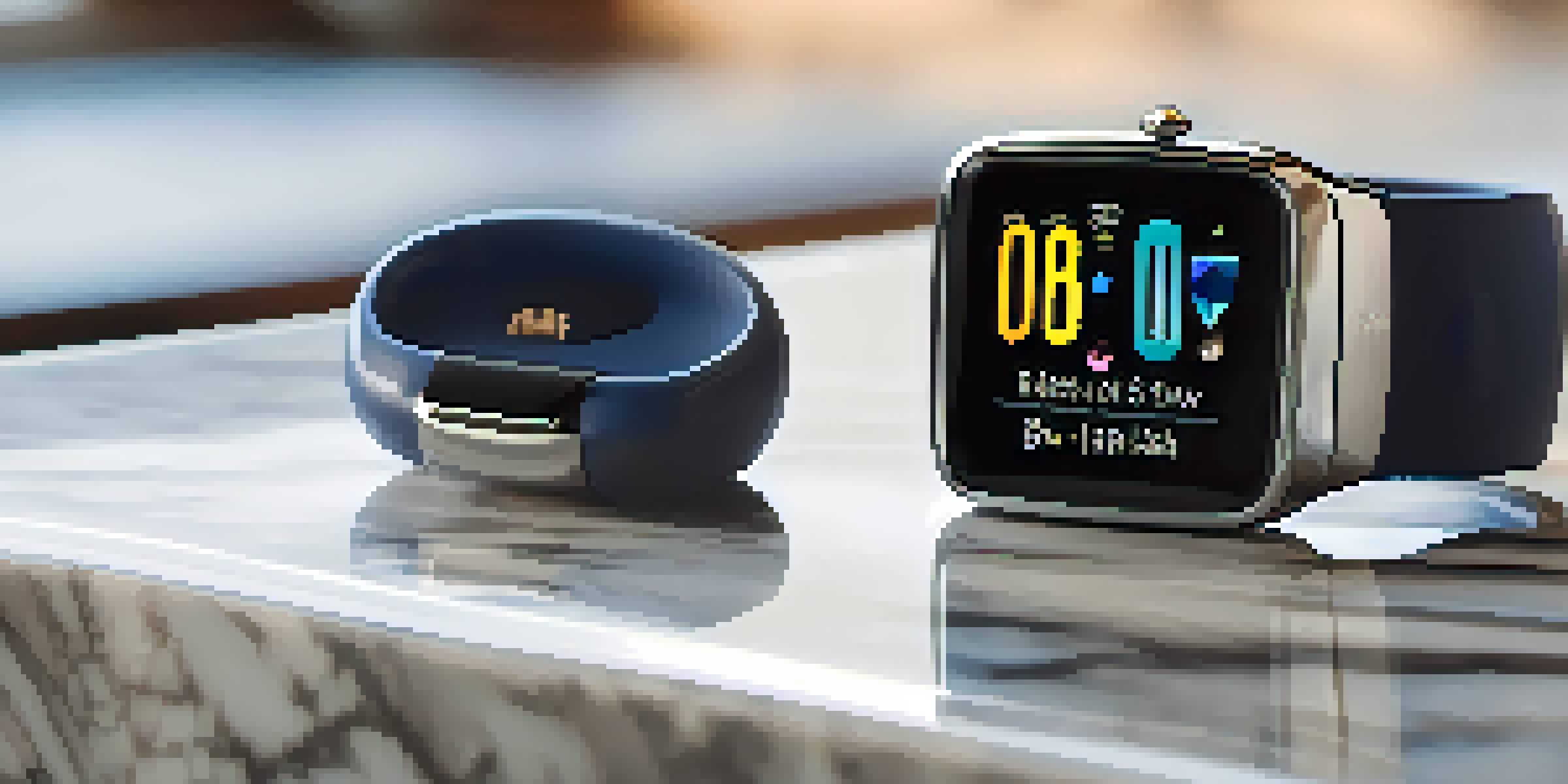 A luxury fitness tracker displayed on a marble countertop, with health metrics visible and fitness accessories around it.