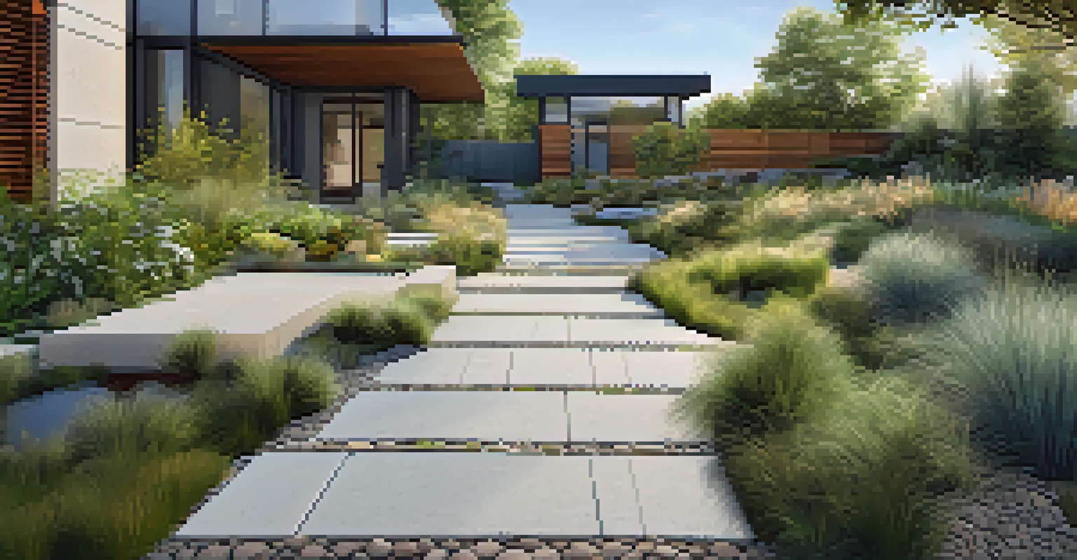 A modern landscape with permeable pavers and natural stone pathways surrounded by lush gardens and a gentle stream under a clear blue sky.