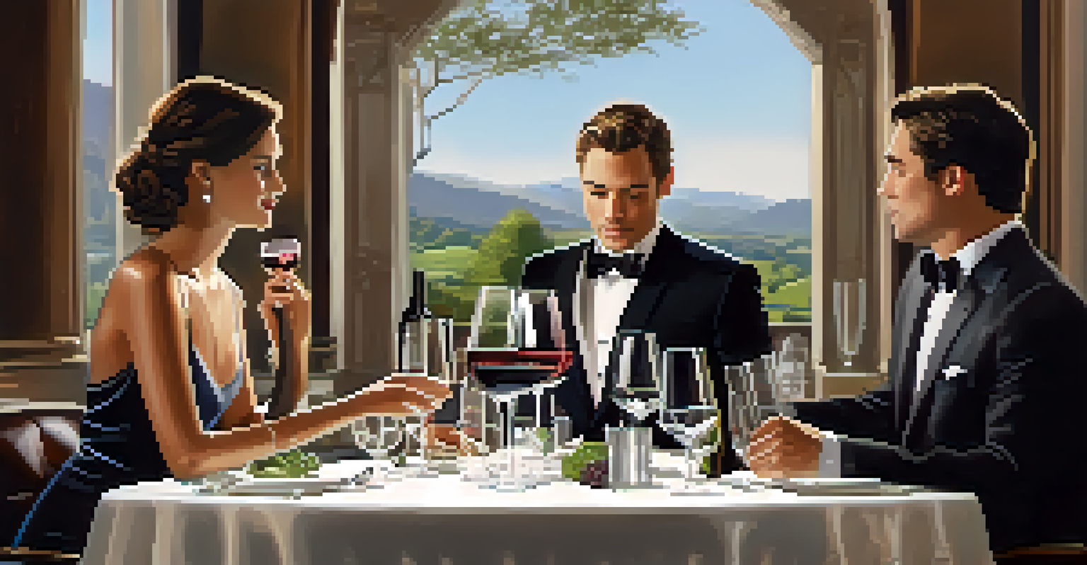 A sommelier showing a selection of fine wines to a couple at an elegantly set dining table in a luxurious restaurant.