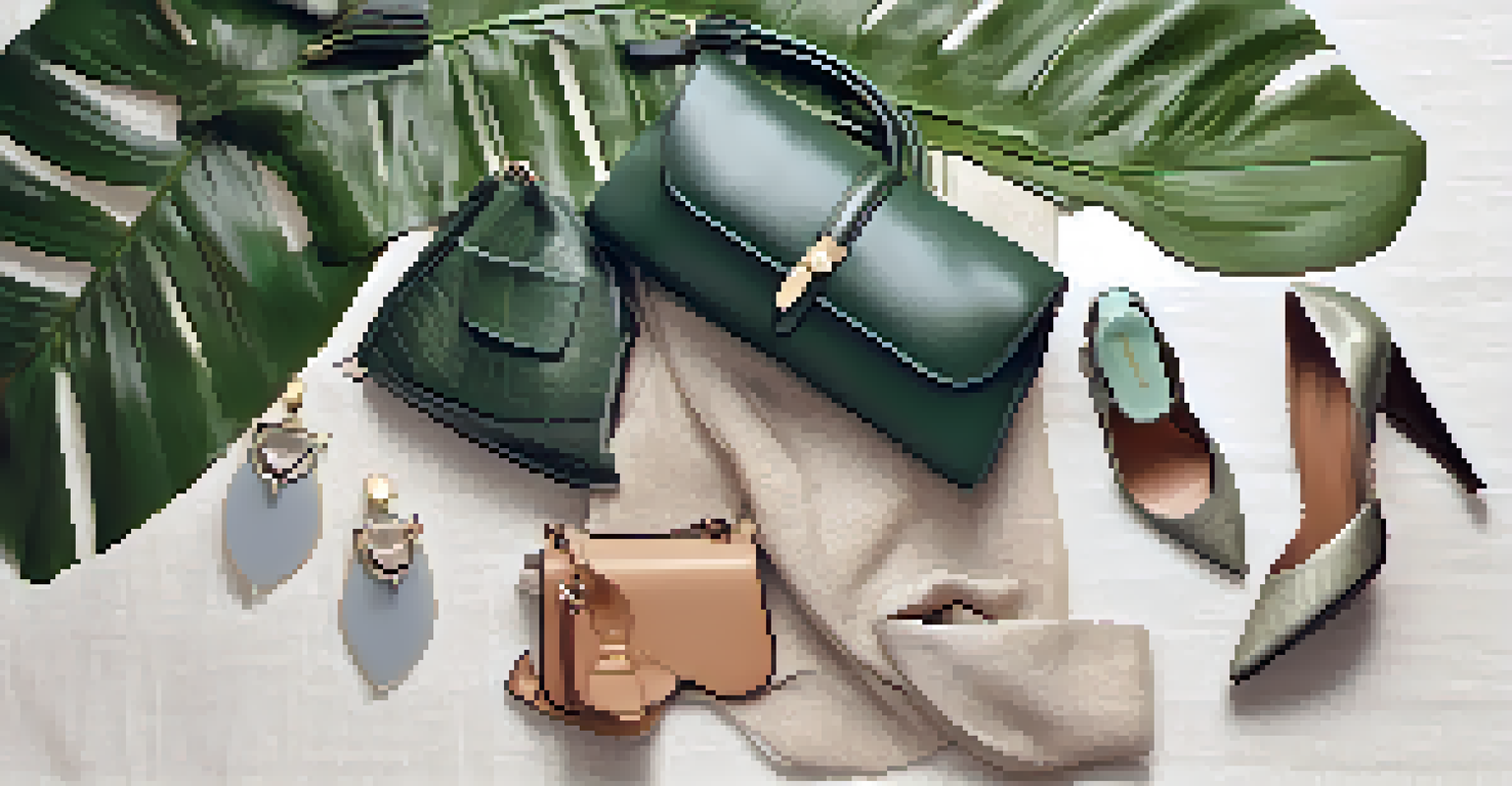 A flat lay of luxury eco-friendly fashion items including a handbag, shoes, and clothing, arranged with natural textures and greenery.