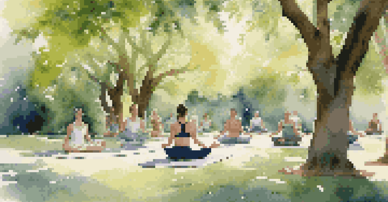 Participants practicing yoga in a lush garden, surrounded by trees and soft sunlight, creating a tranquil outdoor environment.