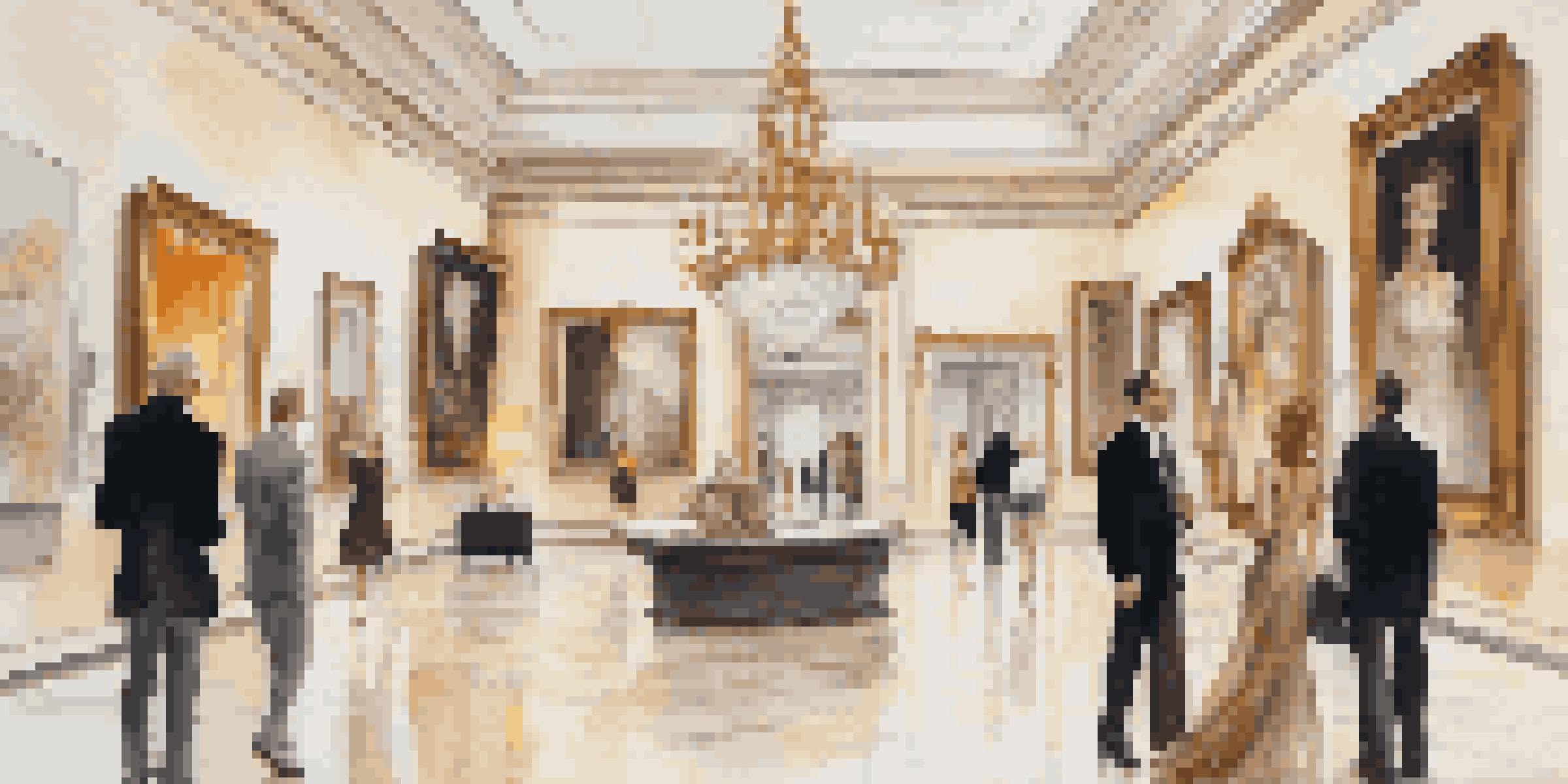 An elegant art gallery with modern and classical artworks, featuring high ceilings and stylish visitors.