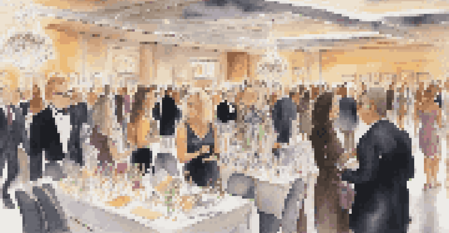 A table at a charity auction showcasing luxury items with guests in the background.