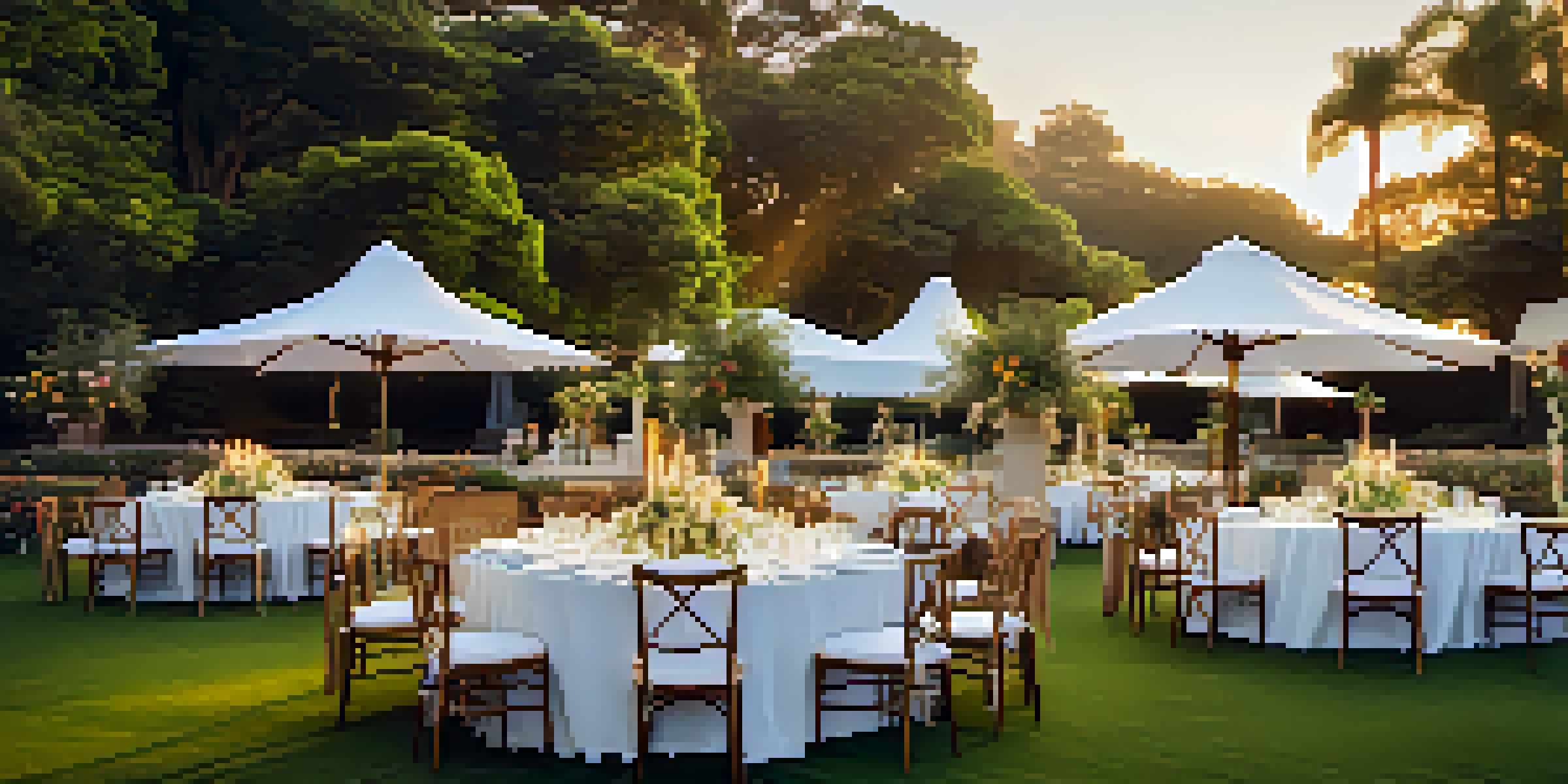 An elegant outdoor event setup with round tables, white tablecloths, golden cutlery, and colorful flowers under a warm sunset.