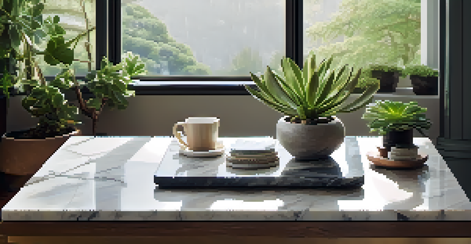 A coffee table with a marble tray, potted succulent, and natural stone coasters, set in a serene living space with soft textiles and greenery.