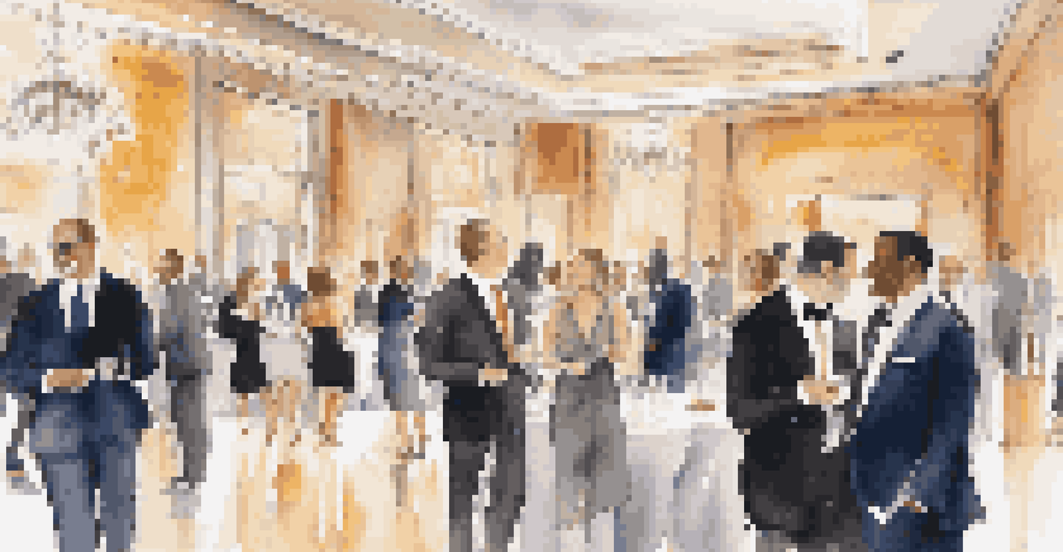 A vibrant networking event in a luxury venue with individuals mingling and forming connections in an elegant setting.