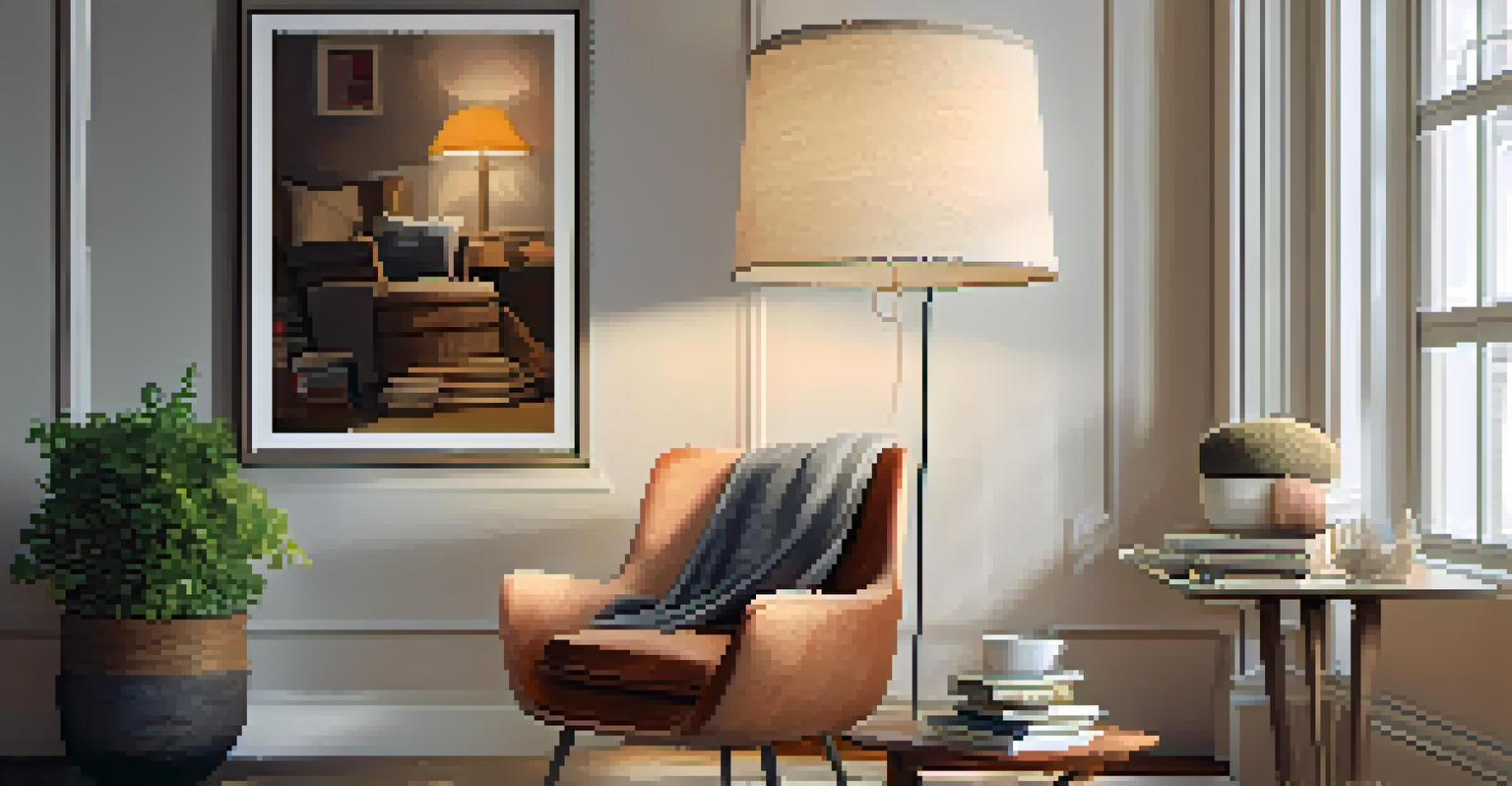 A cozy reading nook with a plush armchair, a floor lamp, and a table with books and tea, surrounded by a gallery wall of photographs.