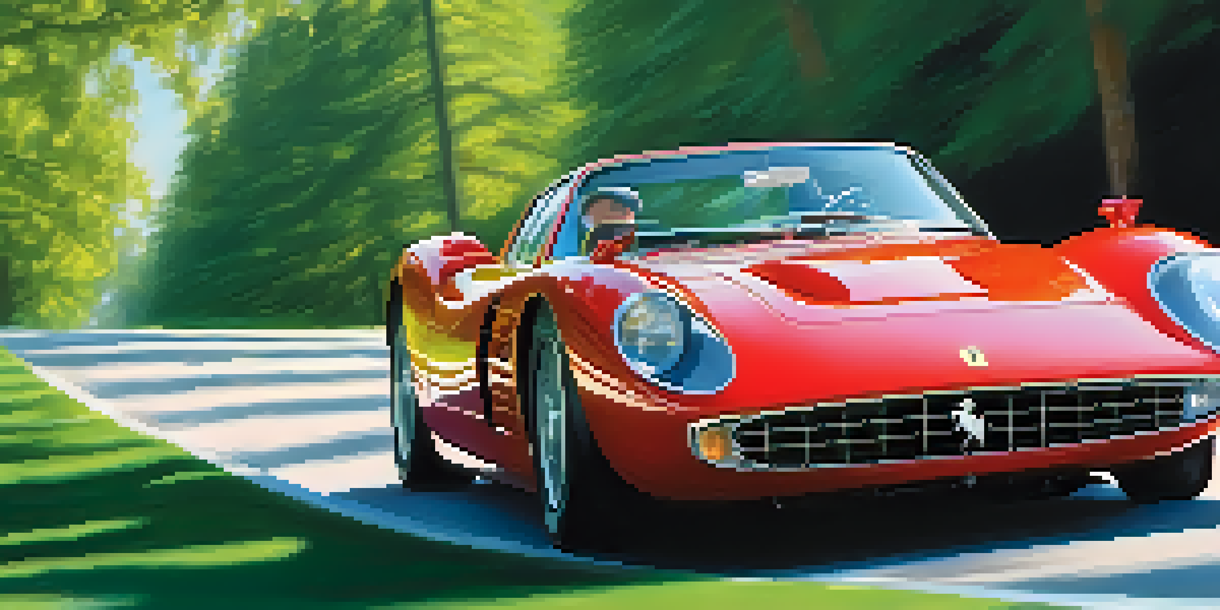 A fast red sports car racing on a racetrack with spectators in the background and a clear blue sky.