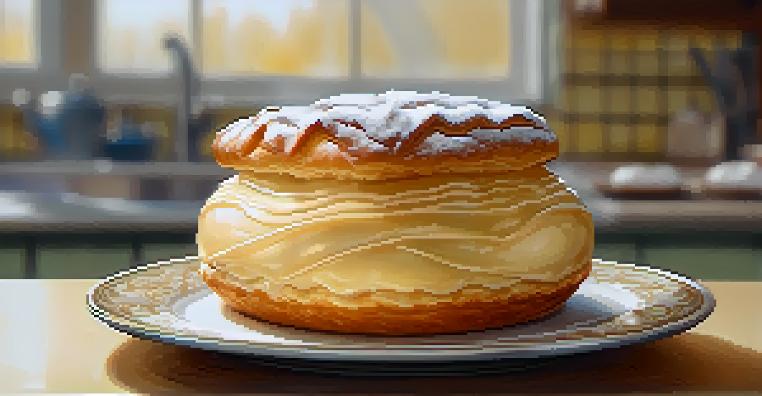 A close-up of a golden flaky pastry with a light glaze, resting on a plate with steam rising in a cozy kitchen background.