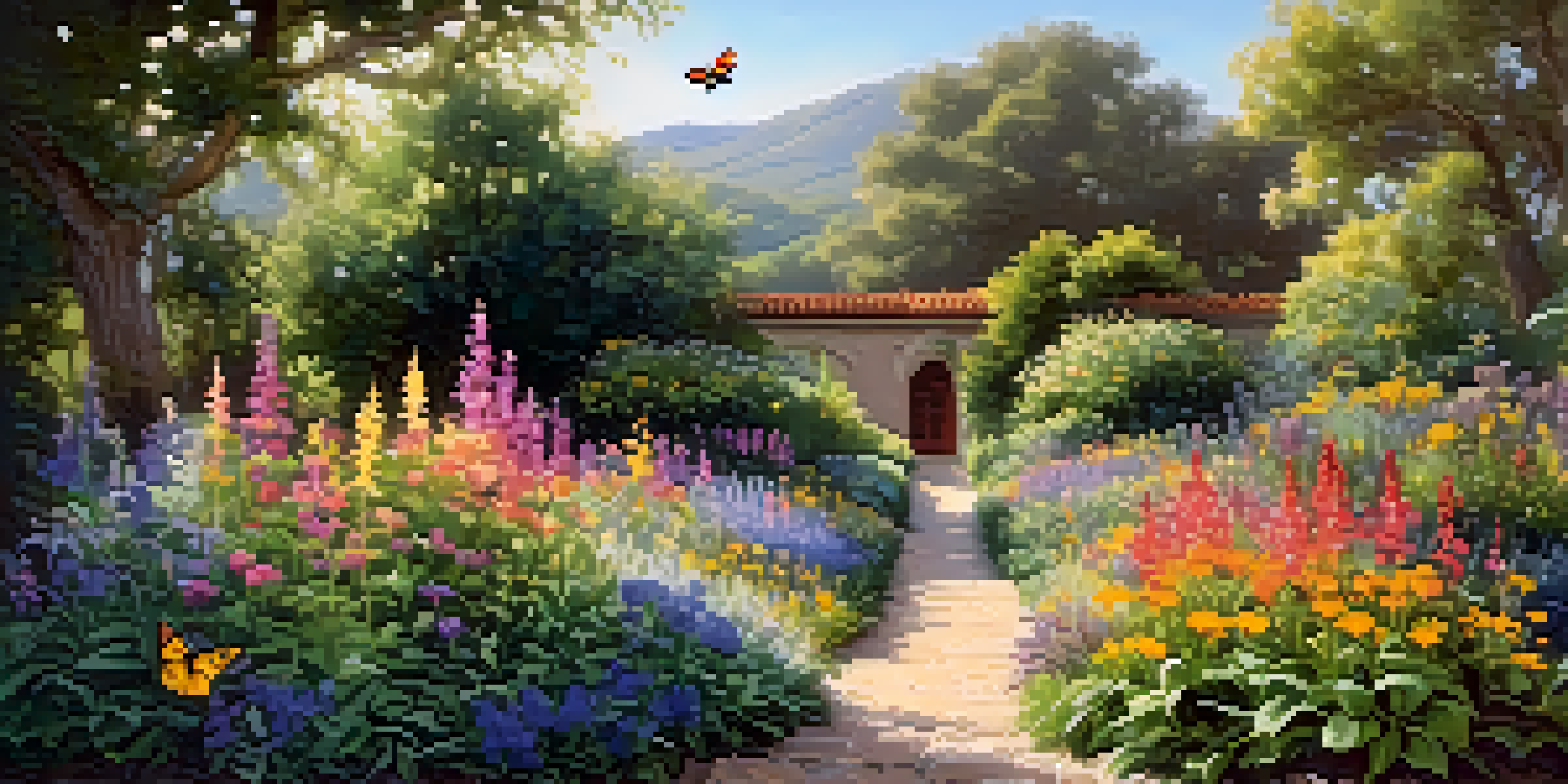 A vibrant garden with native wildflowers and butterflies, featuring a stone pathway and dappled sunlight.