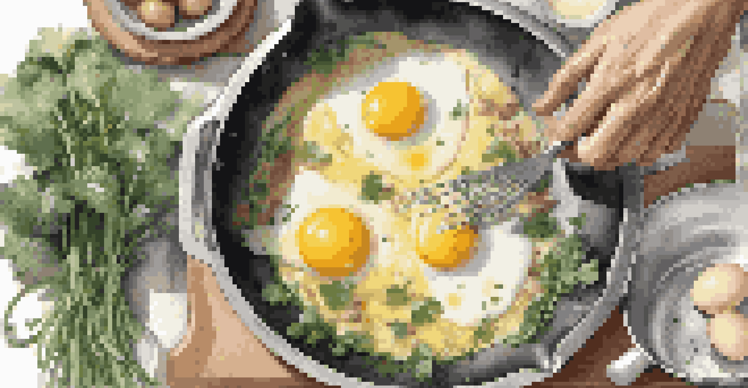 A chef preparing an omelette in a non-stick skillet with whisked eggs, fresh herbs, cheese, and sautéed mushrooms in a blurred kitchen setting.