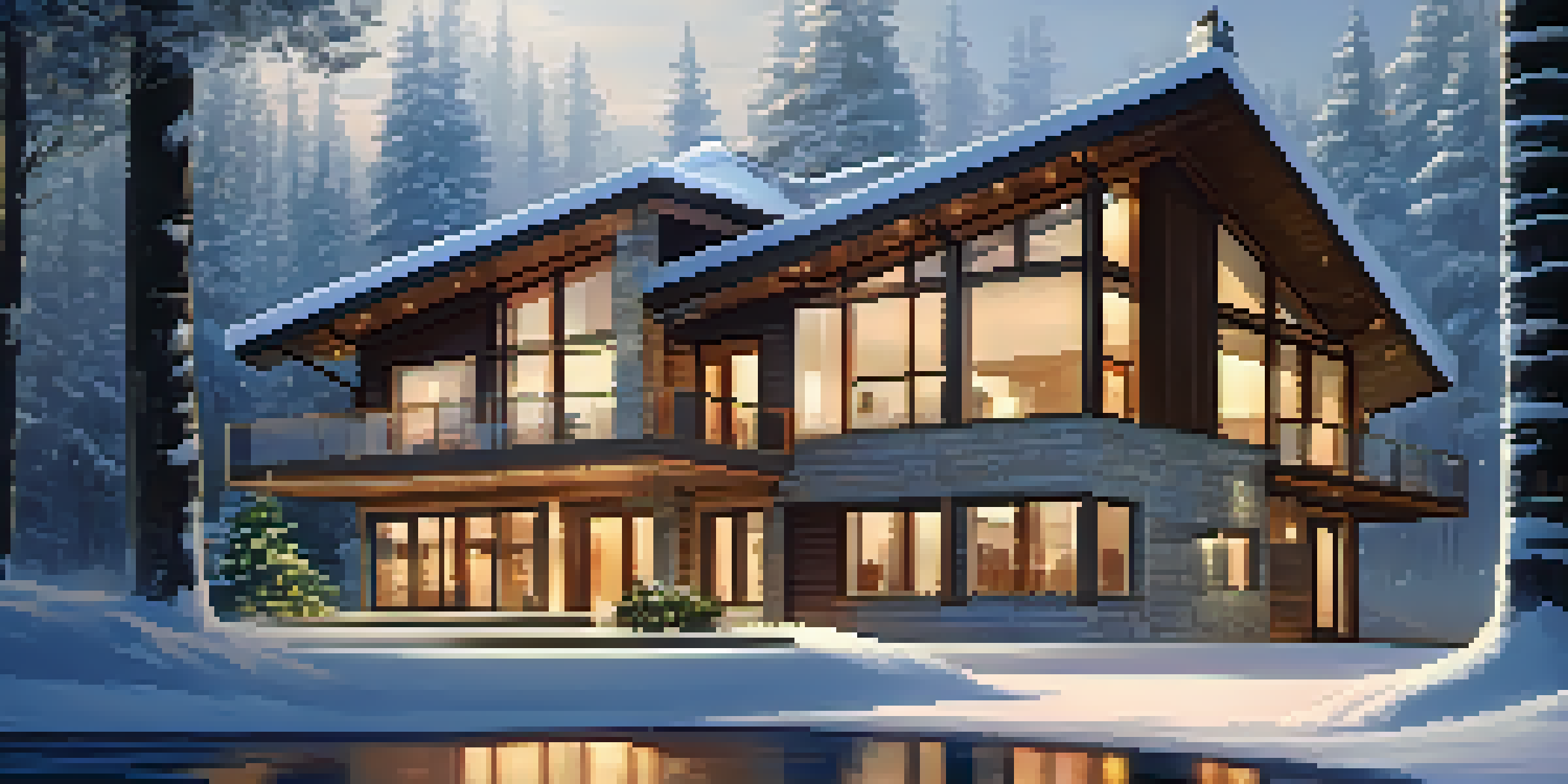 A modern luxury home surrounded by snow in winter, with warm lighting glowing from the windows.