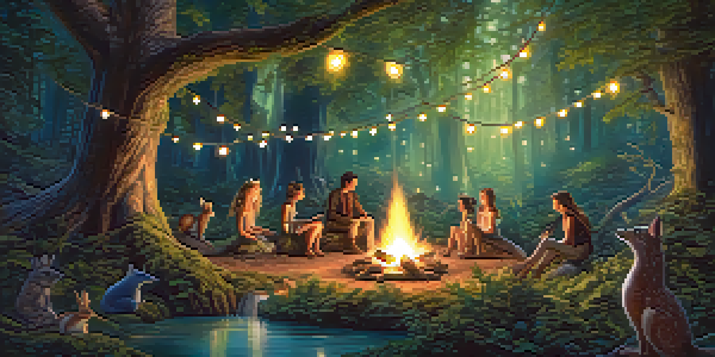 A vibrant enchanted forest with lush greenery, fairy lights, and performers dressed as forest creatures around a faux campfire.