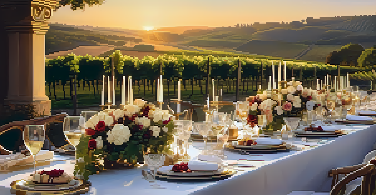 An outdoor dining setup with gourmet dishes and fine wine, set against a vineyard at sunset.