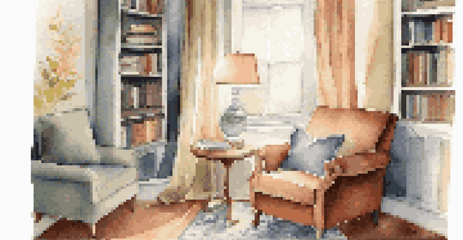 A cozy reading nook with an armchair, bookshelf, cup of tea, and a reading lamp in warm lighting.